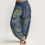 Buddha Stones Pure Cotton Golden Lotus Mandala Pattern Women's Elastic Waist Harem Pants - SteelBlue - US22，UK/AU26，EU54 (6XL) - image 7