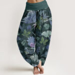 Buddha Stones Pure Cotton Colorful Tropical Foliage Women's Elastic Waist Harem Pants - Teal - US22，UK/AU26，EU54 (6XL) - image 7