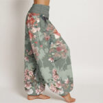 Buddha Stones Pure Cotton Red Pink Blooming Flowers Lush Branches Women's Elastic Waist Harem Pants - image 3