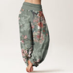 Buddha Stones Pure Cotton Red Pink Blooming Flowers Lush Branches Women's Elastic Waist Harem Pants - image 2
