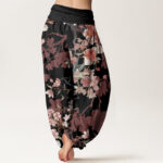 Buddha Stones Pure Cotton Red Pink Blooming Flowers Lush Branches Women's Elastic Waist Harem Pants - image 8