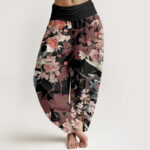 Buddha Stones Pure Cotton Red Pink Blooming Flowers Lush Branches Women's Elastic Waist Harem Pants - Black - US22，UK/AU26，EU54 (6XL) - image 7