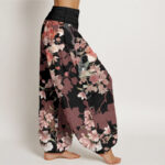 Buddha Stones Pure Cotton Red Pink Blooming Flowers Lush Branches Women's Elastic Waist Harem Pants - image 9