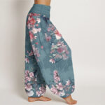 Buddha Stones Pure Cotton Red Pink Blooming Flowers Lush Branches Women's Elastic Waist Harem Pants - image 12