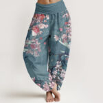 Buddha Stones Pure Cotton Red Pink Blooming Flowers Lush Branches Women's Elastic Waist Harem Pants - DarkCyan - US22，UK/AU26，EU54 (6XL) - image 10