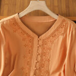Buddha Stones Symmetrical Embroidery Cotton Women's V-neck Shirt - image 24