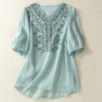 Buddha Stones Embroidered Lace Casual Women's Cotton Linen Half Sleeve T-shirt - LightSkyBlue - US8-10，UK/AU12-14，EU40-42 (2XL) - image 9