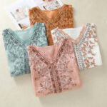 Buddha Stones Embroidered Lace Casual Women's Cotton Linen Half Sleeve T-shirt - image 37