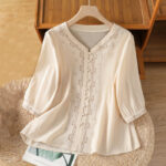 Buddha Stones Symmetrical Embroidery Cotton Women's V-neck Shirt - OldLace - US12，UK/AU16，EU44 (2XL) - image 1