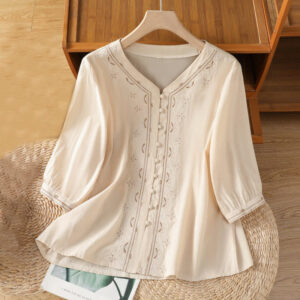 Buddha Stones Symmetrical Embroidery Cotton Women's V-neck Shirt - OldLace - US12，UK/AU16，EU44 (2XL) - image 1