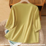 Buddha Stones Symmetrical Embroidery Cotton Women's V-neck Shirt - image 15