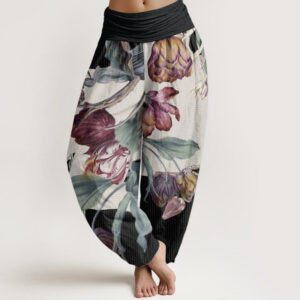 Buddha Stones Pure Cotton Tulips Green Leaves Design Women's Elastic Waist Harem Pants - Black - US22，UK/AU26，EU54 (6XL) - image 1