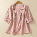 Buddha Stones Embroidery Flowers Leaves Cotton Women's V-neck Shirt - Pink - US14，UK/AU18，EU46 (2XL) - image 1