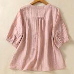 Buddha Stones Embroidery Flowers Leaves Cotton Women's V-neck Shirt - image 2