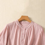Buddha Stones Embroidery Design Cotton Button Women's Crew Neck Shirt - image 18