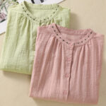 Buddha Stones Embroidery Design Cotton Button Women's Crew Neck Shirt - image 21