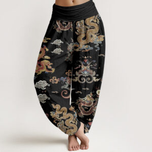 Buddha Stones Pure Cotton Golden Dragons Auspicious Clouds Design Women's Elastic Waist Harem Pants - Black - US22，UK/AU26，EU54 (6XL) - image 1