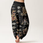 Buddha Stones Pure Cotton Golden Dragons Auspicious Clouds Design Women's Elastic Waist Harem Pants - image 2