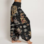 Buddha Stones Pure Cotton Golden Dragons Auspicious Clouds Design Women's Elastic Waist Harem Pants - image 3