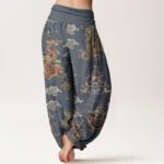 Buddha Stones Pure Cotton Golden Dragons Auspicious Clouds Design Women's Elastic Waist Harem Pants - image 8