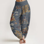 Buddha Stones Pure Cotton Golden Dragons Auspicious Clouds Design Women's Elastic Waist Harem Pants - SteelBlue - US22，UK/AU26，EU54 (6XL) - image 7