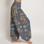 Buddha Stones Pure Cotton Golden Dragons Auspicious Clouds Design Women's Elastic Waist Harem Pants - image 9
