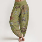 Buddha Stones Pure Cotton Golden Dragons Auspicious Clouds Design Women's Elastic Waist Harem Pants - YellowGreen - US22，UK/AU26，EU54 (6XL) - image 10