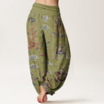 Buddha Stones Pure Cotton Golden Dragons Auspicious Clouds Design Women's Elastic Waist Harem Pants - image 11