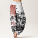 Buddha Stones Pure Cotton Casual Red Plum Blossom Mountains Sun Pattern Women's Elastic Waist Harem Pants - image 2