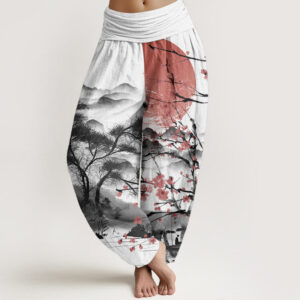 Buddha Stones Pure Cotton Casual Red Plum Blossom Mountains Sun Pattern Women's Elastic Waist Harem Pants - White - US22，UK/AU26，EU54 (6XL) - image 1