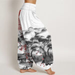 Buddha Stones Pure Cotton Casual Red Plum Blossom Mountains Sun Pattern Women's Elastic Waist Harem Pants - image 3