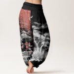 Buddha Stones Pure Cotton Casual Red Plum Blossom Mountains Sun Pattern Women's Elastic Waist Harem Pants - image 8
