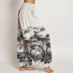 Buddha Stones Pure Cotton Casual Red Plum Blossom Mountains Sun Pattern Women's Elastic Waist Harem Pants - image 12