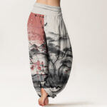 Buddha Stones Pure Cotton Casual Red Plum Blossom Mountains Sun Pattern Women's Elastic Waist Harem Pants - image 11
