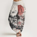 Buddha Stones Pure Cotton Casual Red Plum Blossom Mountains Sun Pattern Women's Elastic Waist Harem Pants - Beige - US22，UK/AU26，EU54 (6XL) - image 10