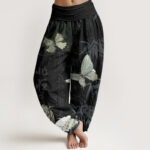 Buddha Stones Pure Cotton Butterfly Bamboo Leaves Chinese Characters Pattern Women's Elastic Waist Harem Pants - Black - US22，UK/AU26，EU54 (6XL) - image 1