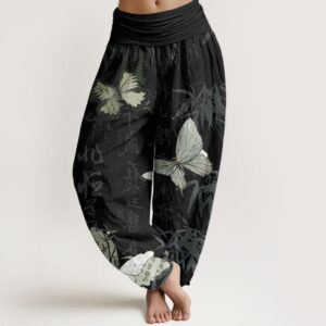 Buddha Stones Pure Cotton Butterfly Bamboo Leaves Chinese Characters Pattern Women's Elastic Waist Harem Pants - Black - US22，UK/AU26，EU54 (6XL) - image 1