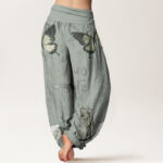 Buddha Stones Pure Cotton Butterfly Bamboo Leaves Chinese Characters Pattern Women's Elastic Waist Harem Pants - image 8