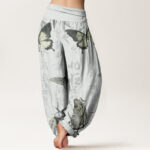 Buddha Stones Pure Cotton Butterfly Bamboo Leaves Chinese Characters Pattern Women's Elastic Waist Harem Pants - image 11