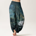 Buddha Stones Pure Cotton Casual Lotus Starry Sky Clouds Pattern Women's Elastic Waist Harem Pants - image 2