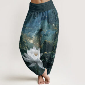 Buddha Stones Pure Cotton Casual Lotus Starry Sky Clouds Pattern Women's Elastic Waist Harem Pants - DarkCyan - US22，UK/AU26，EU54 (6XL) - image 1