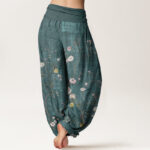 Buddha Stones Pure Cotton Pink White Flowers Bamboo Leaves Fruits Design Women's Elastic Waist Harem Pants - image 2