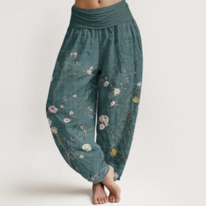 Buddha Stones Pure Cotton Pink White Flowers Bamboo Leaves Fruits Design Women's Elastic Waist Harem Pants - DarkCyan - US22，UK/AU26，EU54 (6XL) - image 1