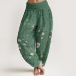Buddha Stones Pure Cotton Pink White Flowers Bamboo Leaves Fruits Design Women's Elastic Waist Harem Pants - SpringGreen - US22，UK/AU26，EU54 (6XL) - image 7