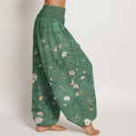 Buddha Stones Pure Cotton Pink White Flowers Bamboo Leaves Fruits Design Women's Elastic Waist Harem Pants - image 9