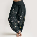 Buddha Stones Pure Cotton Pink White Flowers Bamboo Leaves Fruits Design Women's Elastic Waist Harem Pants - Black - US22，UK/AU26，EU54 (6XL) - image 10