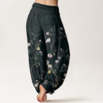 Buddha Stones Pure Cotton Pink White Flowers Bamboo Leaves Fruits Design Women's Elastic Waist Harem Pants - image 11