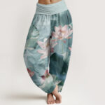 Buddha Stones Pure Cotton Casual Lotus Petal Pond Pattern Women's Elastic Waist Harem Pants - PaleTurquoise - US22，UK/AU26，EU54 (6XL) - image 1