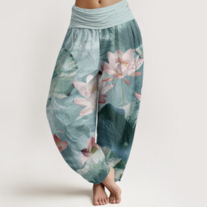 Buddha Stones Pure Cotton Casual Lotus Petal Pond Pattern Women's Elastic Waist Harem Pants - PaleTurquoise - US22，UK/AU26，EU54 (6XL) - image 1