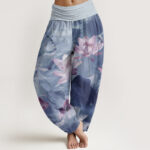 Buddha Stones Pure Cotton Casual Lotus Petal Pond Pattern Women's Elastic Waist Harem Pants - CornflowerBlue - US22，UK/AU26，EU54 (6XL) - image 10